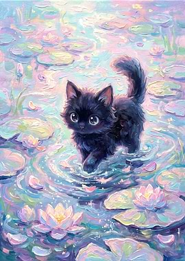 Dreamy Impasto Oil Painting of a Cute Black Kitten Walking on a Lily Pond