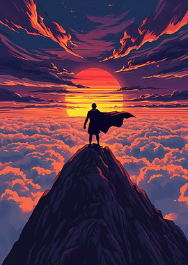 Silhouette on Mountain Peak at Sunset