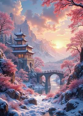 Pagoda and Cherry Blossoms in Winter