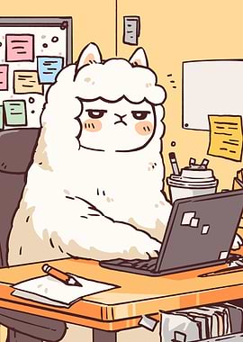 Tired Alpaca Working on Laptop