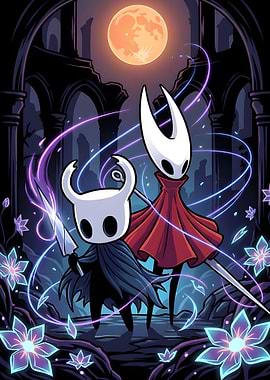Hollow Knight characters under moonlight