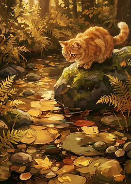 Ginger Cat by Stream in Autumn