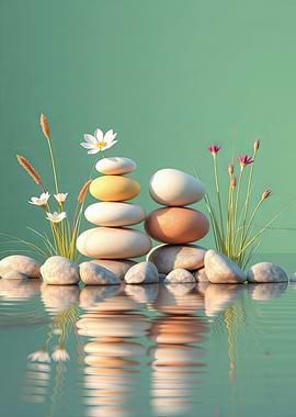 Zen Stones and Flowers Still Life