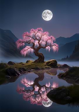 Pink Tree Reflection Under Moonlight