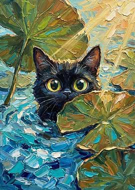 Black Cat Peeking in Lily Pond – Textured Impasto Oil Painting
