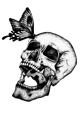 Skull with Butterfly Black and White