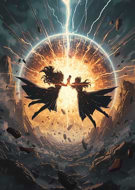 Two Figures Facing a Cosmic Event