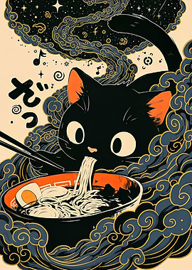 Black Cat Eating Ramen Illustration