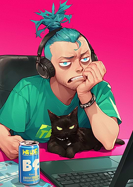 Bored Gamer with Cat and Drink