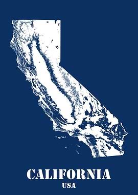 California USA State Minimalist White Topographic Contour Relief Map featuring terrain on navy blue background