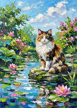 Serene Garden Cat Painting. Original Impasto Oil on Canvas, Calico Cat among Pink Water Lilies and Blue Sky.
