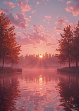 Pink Sunset Over Misty Lake