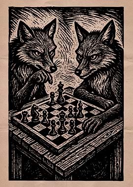 Foxes Playing Chess Woodcut