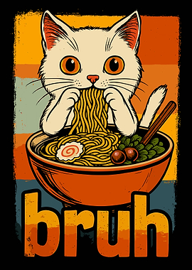 Bruh Cat Ramen Poster Funny Cat Wall Art Retro Anime Style Print Cute Decor