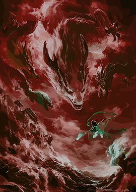 Dragons and Warrior in Red Sky
