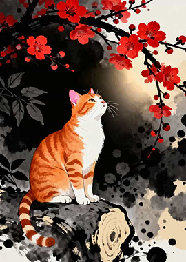 Orange Cat and Red Blossoms Painting