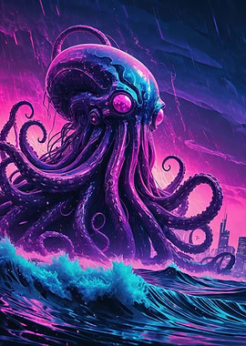 Neon Kraken Rising - Cyberpunk Octopus Storm Digital Poster