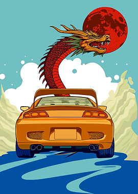 Orange Car with Dragon and Moon