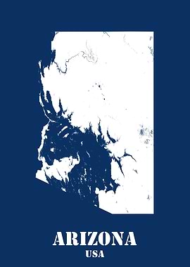Arizona USA State Minimalist White Topographic Contour Relief Map featuring terrain on navy blue background