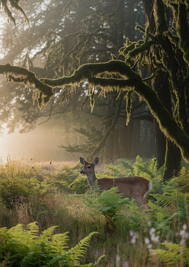 Deer in a misty forest clearing