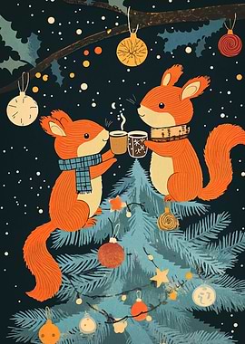 Festive Squirrels Toasting by Christmas Tree