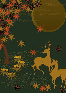 Gold Fall Moon Rustic Forest Nature Deer
