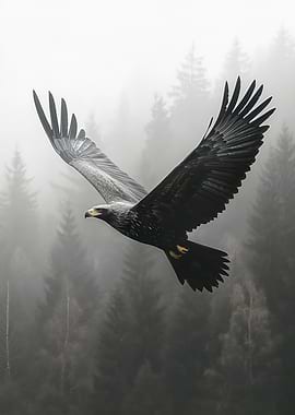 Eagle soaring through misty forest