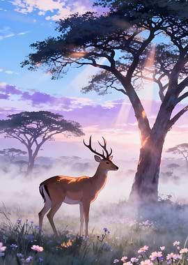 Deer in a Misty Landscape