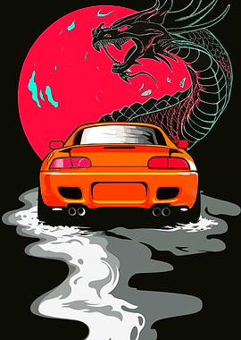 Orange Car with Dragon Backdrop