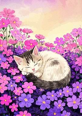 Sleeping Cat in Flower Field
