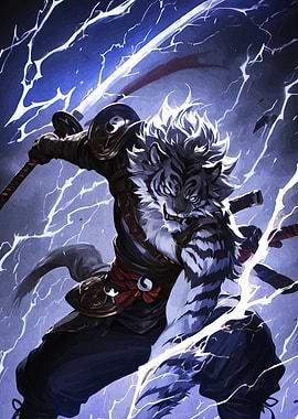 Tiger Warrior with Swords and Lightning
