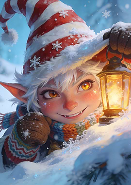 Winter Elf with Lantern in Snow