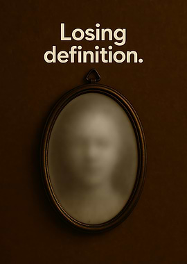 Blurred human face reflected in oval wall mirror with text