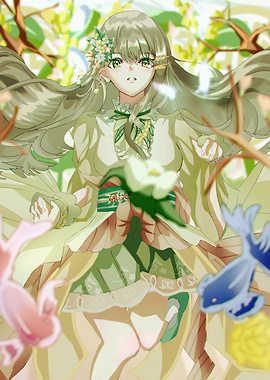 Anime Girl in Green Floral Setting
