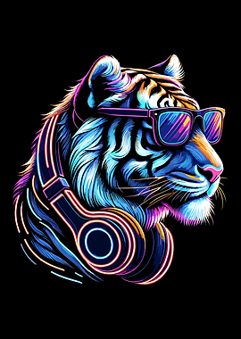 Cool Tiger with Headphones and Glasses