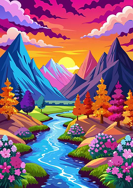 Magical River Valley Art with Vibrant Sunset Metal Wall Print Art