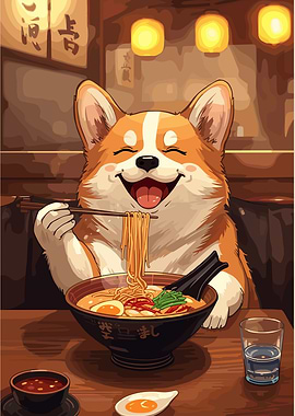 Happy Corgi Eating Ramen