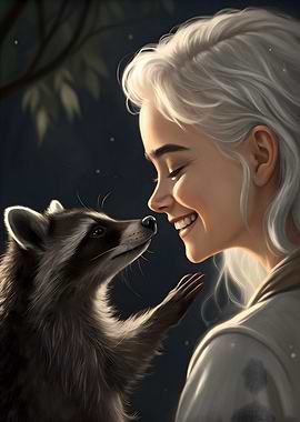 Gentle Connection A Woman and Raccoon Under the Stars – Fantasy Art