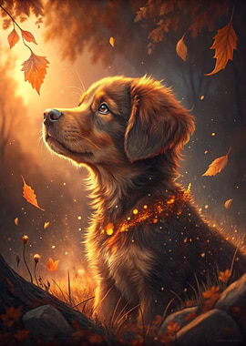Dog in Autumnal Forest