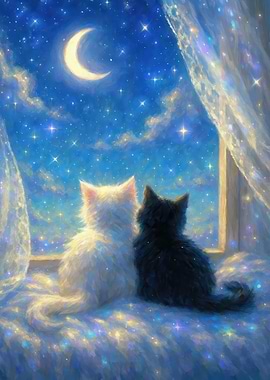 Cats Gazing at Moonlit Night Sky