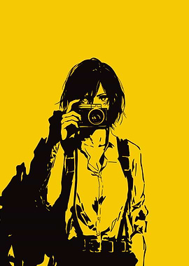Anime Girl with Camera on Yellow