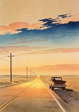 Sunset Road Trip with Pickup Truck