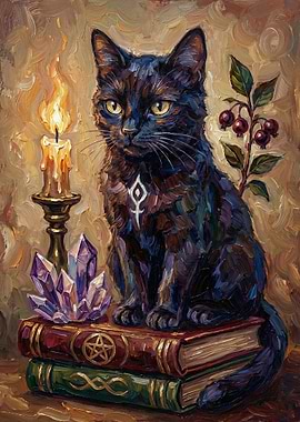 Black Cat with Candle and Crystals
