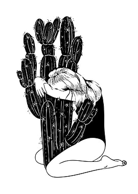 Woman embracing cactus, black and white art