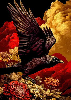 Raven in Flight with Floral Background