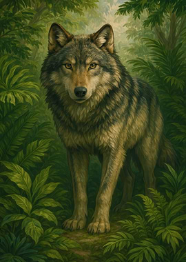 Wolf in Lush Green Forest
