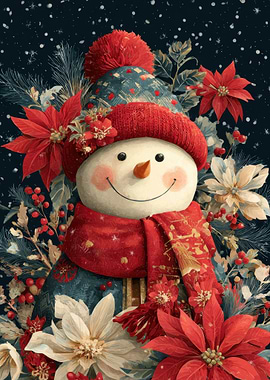 Festive Snowman with Poinsettias