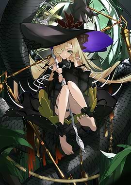 Anime Witch with Dragon and Clock