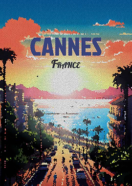 Cannes, France Beach Mosaic Travel Poster