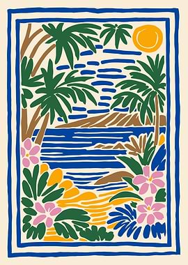 Tropical Beach Illustration with Floral Border